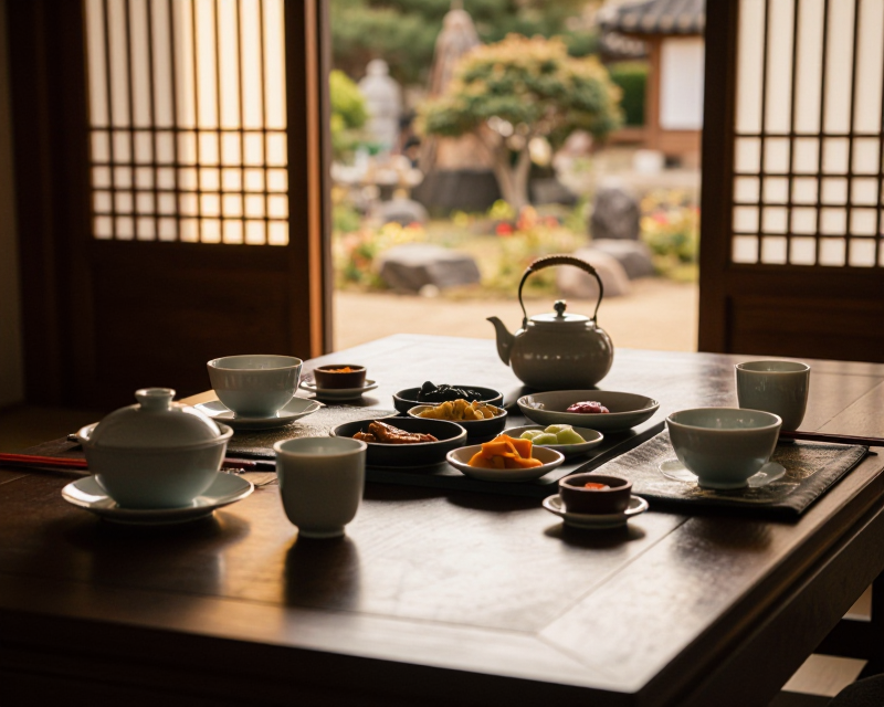 A warm and contemplative dinner setting in a Korean traditional-modern fusion palace style