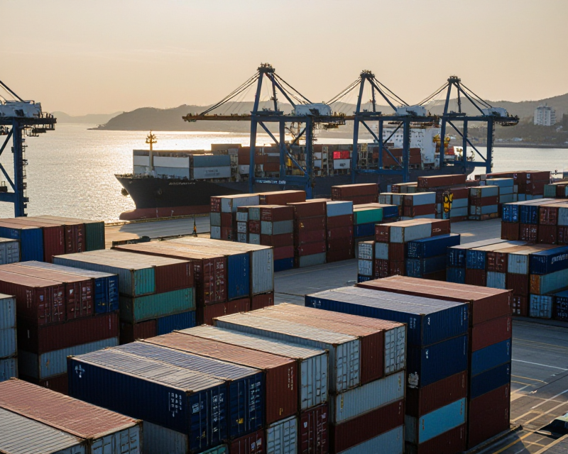 A cinematic view of a South Korean container port at dawn